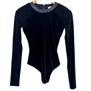 ALIX NYC Bodysuit XS Black Velvet Genuine Leather Trim Long Sleeve‎ Chic Elegant